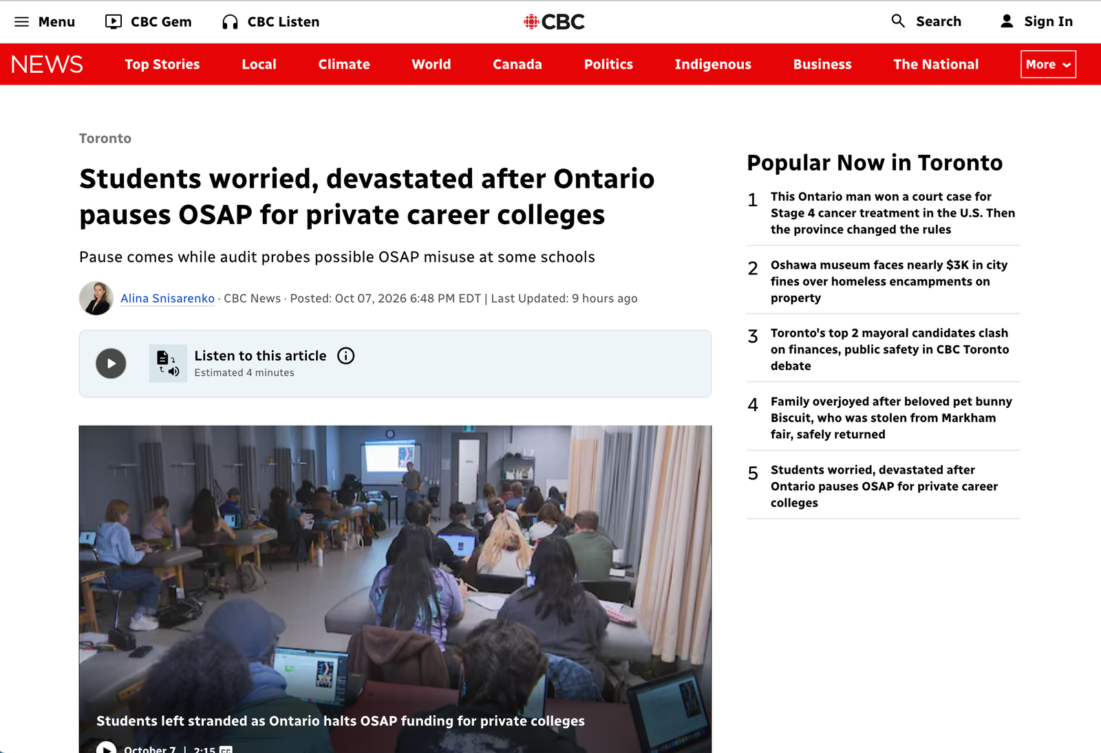Screenshot of CBC News article page