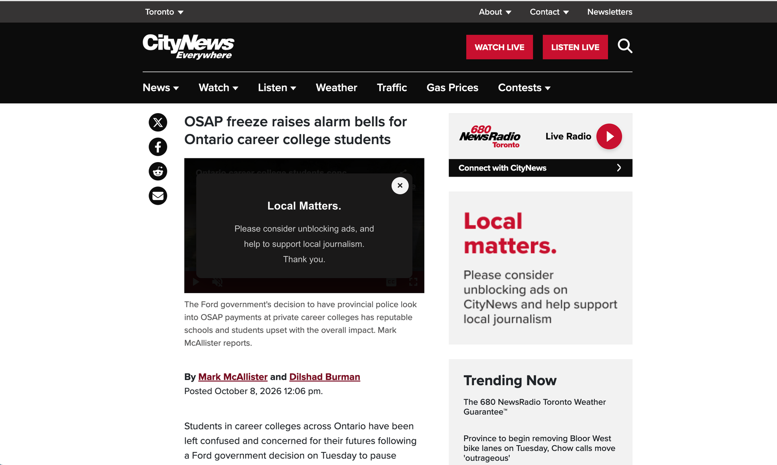 Screenshot of CityNews article page