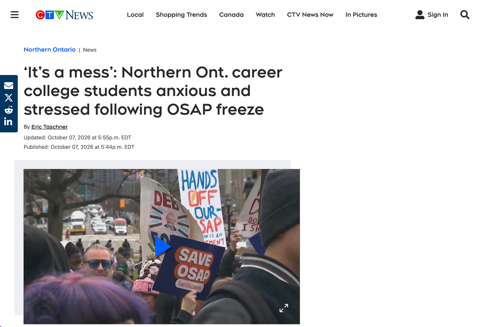 Screenshot of CTV News article page