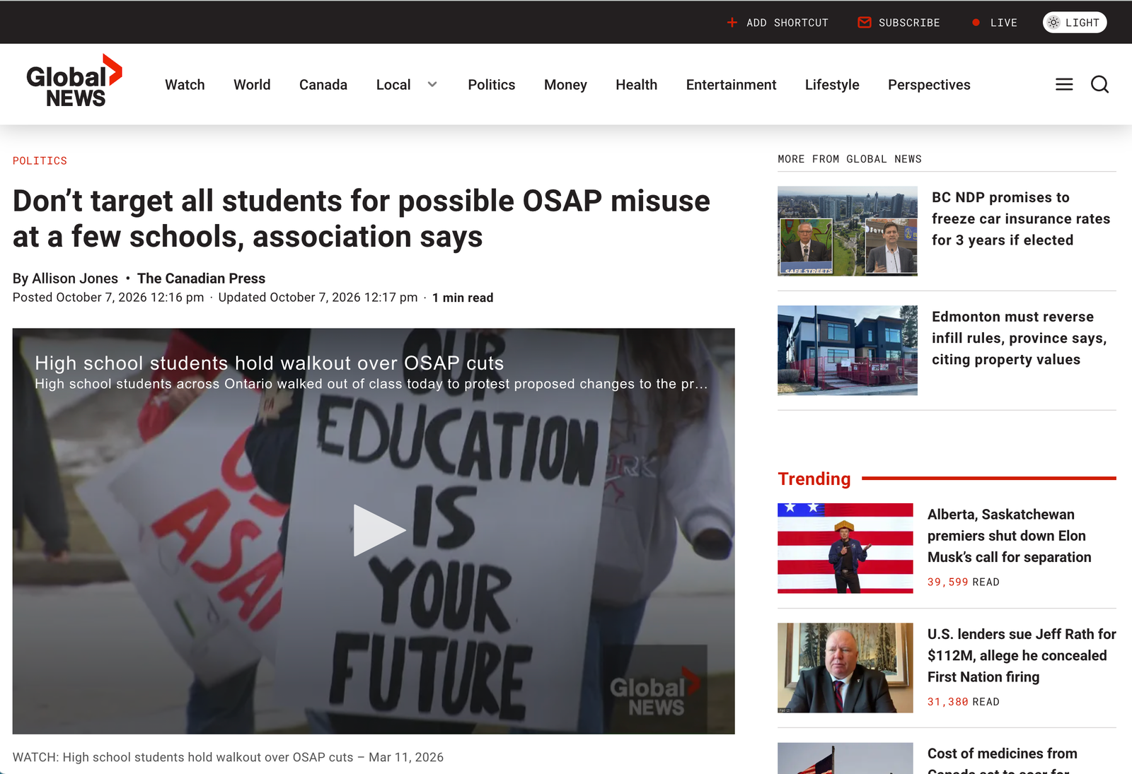 Screenshot of Global News article page