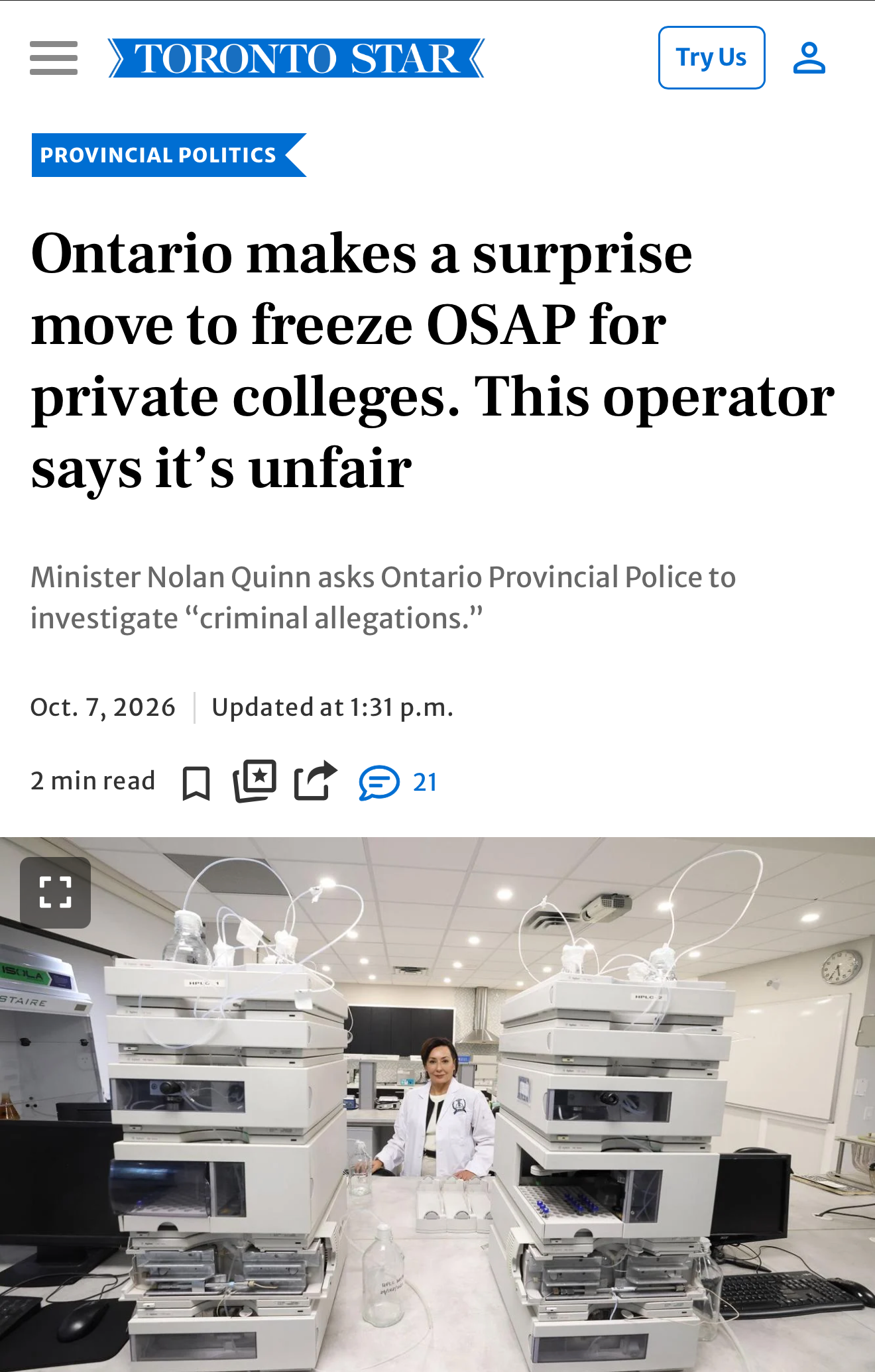 Screenshot of Toronto Star article page