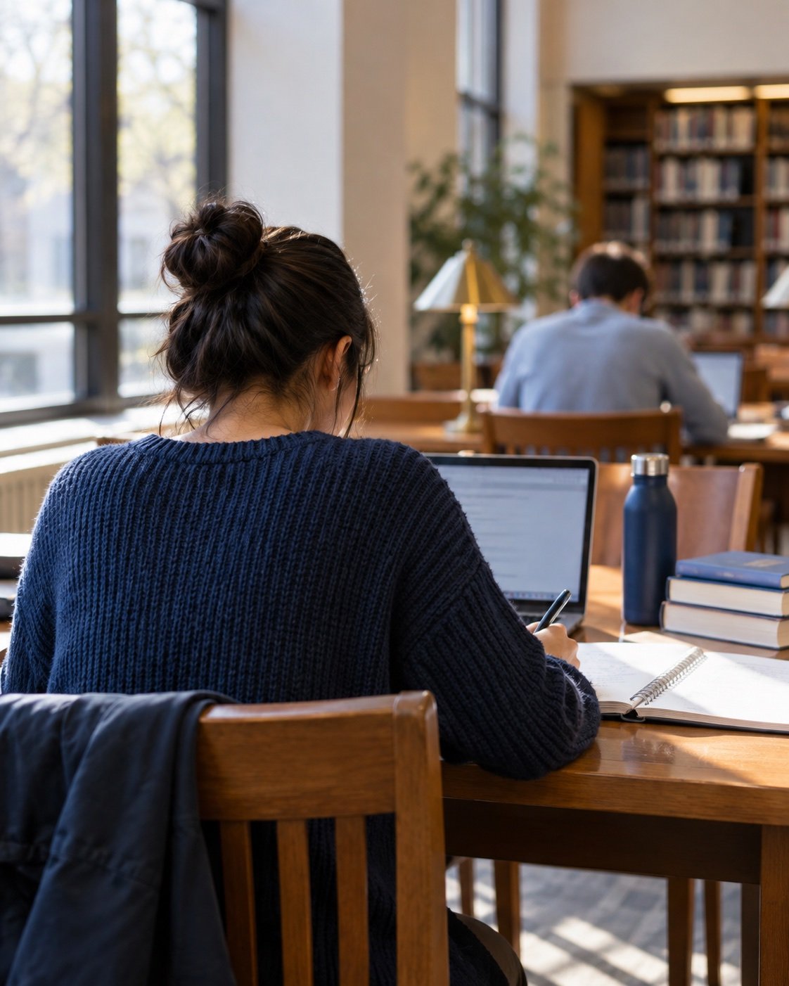 Illustrative photograph of a student studying in a library